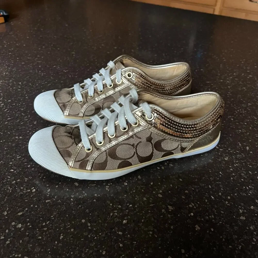 VTG COACH ZORRA GOLD SEQUINED SIGNATURE CANVAS TENNIS SHOES SNEAKERSUS 9
